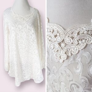 Vintage Sheer Tunic White Baroque Oversized Bell Sleeve Lace Trim Long Sleeve